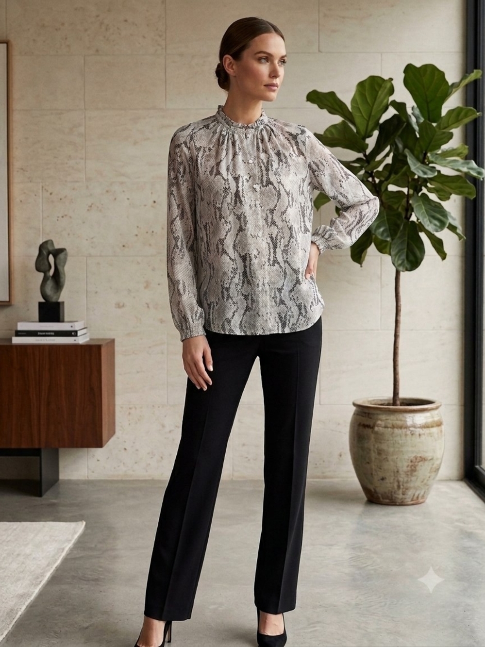 Express Snake Print Long-Sleeve Blouse in Black and White